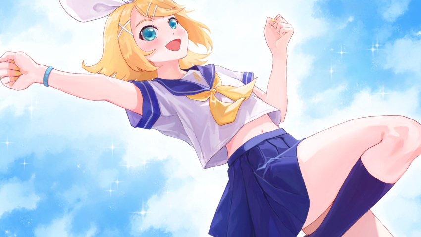 1girl alternate_costume blonde_hair blue_eyes blue_sailor_collar blue_skirt blush bow bracelet commentary_request full_body hair_ornament hairclip harumaron_123 jewelry kagamine_rin kneehighs midriff navel neckerchief open_mouth sailor_collar school_uniform serafuku shirt short_hair short_sleeves skirt sky socks solo thighs vocaloid white_bow white_shirt yellow_nails yellow_neckerchief