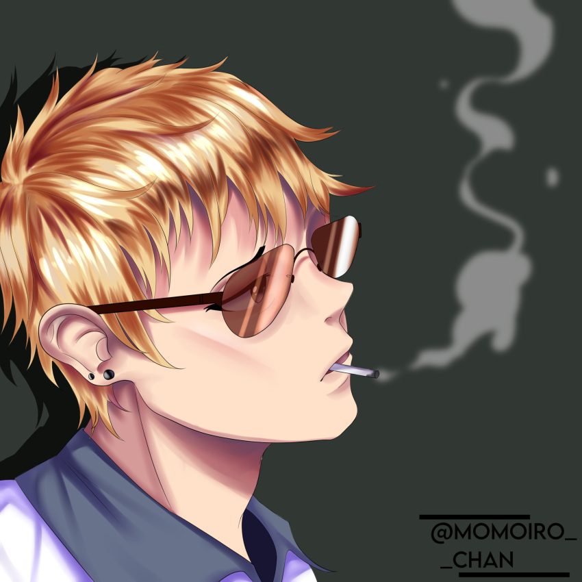 1boy artist_name blonde_hair cheekbones earrings great_teacher_onizuka grey_background highres jewelry momorio-chan mouth_hold onizuka_eikichi simple_background smoke smoking solo stud_earrings sunglasses