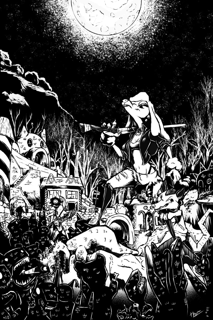 animal_humanoid animate_inanimate anthro bared_teeth black_and_white blood bodily_fluids canid canine canis chainsaw clothed clothing collar death detailed_background digital_drawing_(artwork) digital_media_(artwork) domestic_dog equid equine female gore group gun hi_res horse humanoid ink jacket leather leather_clothing leather_jacket leather_topwear light line_art living_pinata male mammal marsupial monochrome moon moonlight mortimer_thorn pinata poodle possum power_tool ranged_weapon shaded shotgun signature teeth tools topwear undead weapon zombie