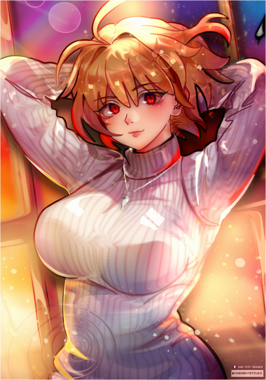 1girl antenna_hair arcueid_brunestud arms_behind_head artist_name blonde_hair blush breasts closed_mouth commentary_request dated highres jewelry large_breasts light_smile lips long_sleeves looking_at_viewer maewenmitzuki necklace pink_lips red_eyes ribbed_sweater short_hair single_hair_intake solo sweater tsukihime turtleneck turtleneck_sweater white_sweater