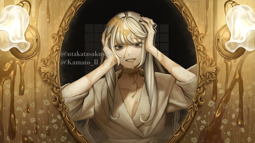 1girl black_nails breasts cleavage glowing grey_eyes grey_hair hands_on_own_head highres kamato_il looking_at_viewer mirror original parted_lips robe shadow smile solo twitter_username upper_body yellow_theme