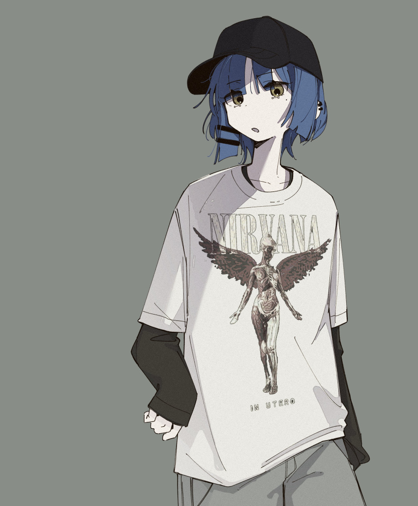 1girl absurdres baseball_cap black_headwear black_shirt blue_hair bocchi_the_rock! collarbone grey_background grey_leotard hat highres leotard long_sleeves looking_at_viewer machuuu68 nirvana_(band) open_mouth oversized_clothes oversized_shirt shirt short_hair simple_background solo white_shirt yamada_ryo yellow_eyes