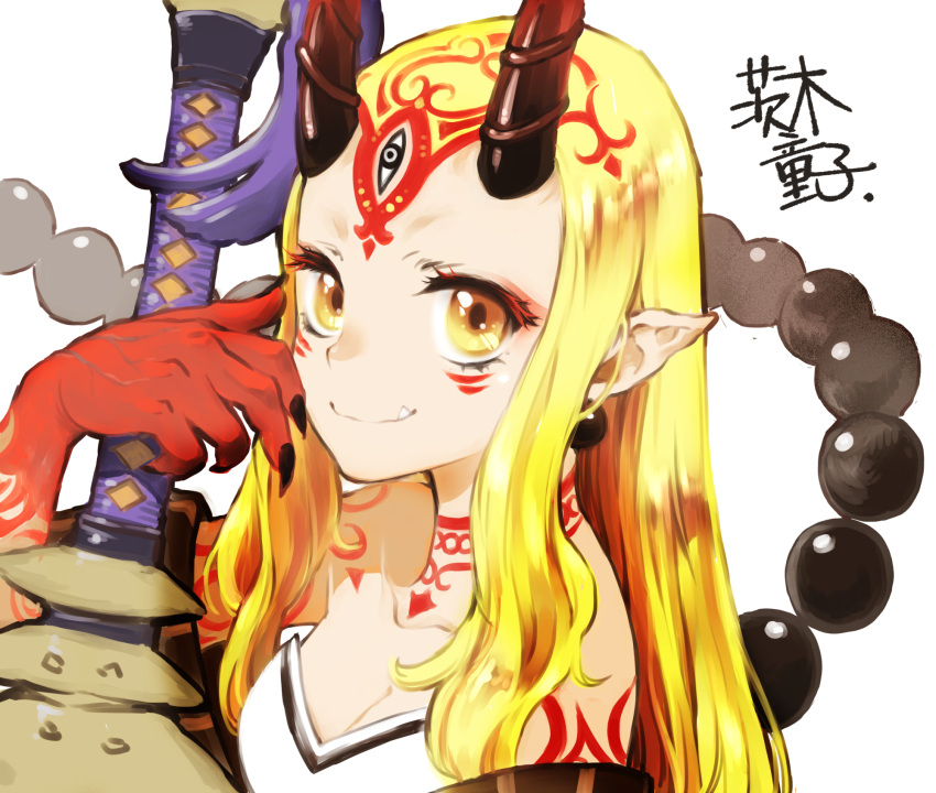 bare_shoulders breasts cleavage collarbone earrings eyelashes eyeliner facial_mark fang fate/grand_order fate_(series) fingernails forehead_mark highres horns ibaraki_douji_(fate) japanese_clothes jewelry kanji long_hair makeup nanami_(fuku) object_hug oni oni_horns pointy_ears sharp_fingernails sharp_toenails smile tattoo toenails weapon white_background yellow_eyes