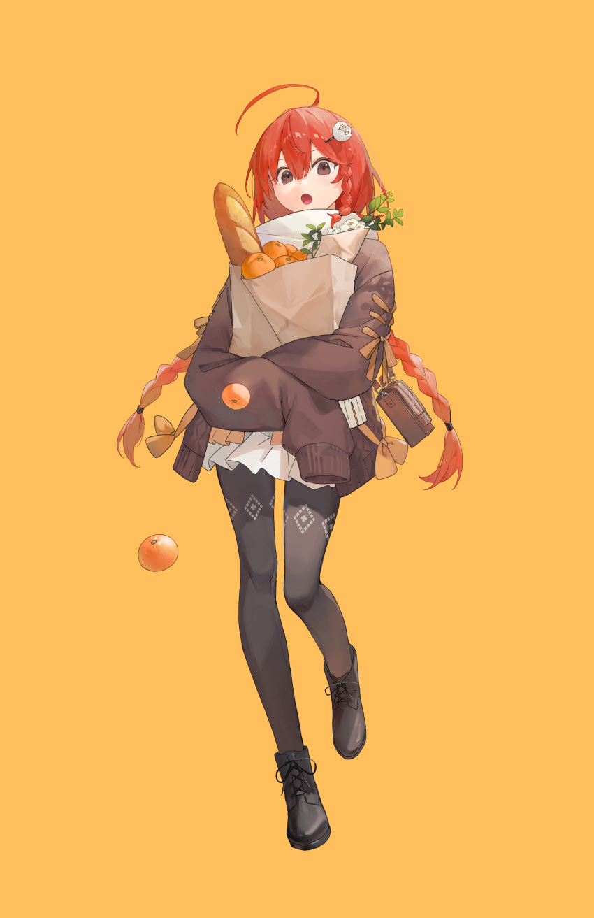 1girl :o absurdres ahoge bag black_footwear black_pantyhose boots bow braid bread commentary flower food fruit full_body hair_flower hair_ornament hairclip handbag highres holding holding_bag kobuta legs long_hair long_sleeves looking_at_viewer open_mouth orange_(fruit) orange_background original oversized_clothes pantyhose paper_bag pleated_skirt red_hair shoulder_bag simple_background single_braid skirt sleeves_past_wrists solo standing sweater symbol-only_commentary tongue twin_braids very_long_hair very_long_sleeves white_skirt