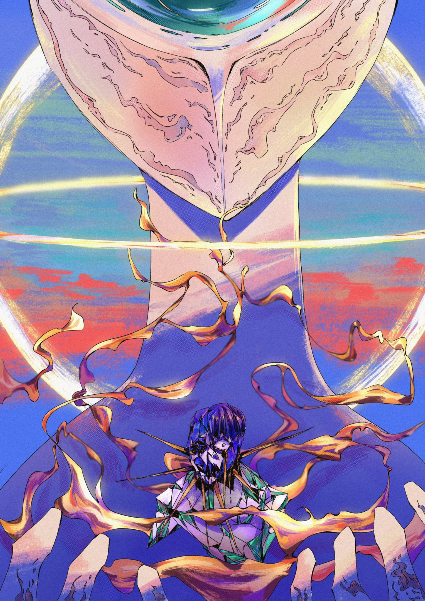 2others amputee blue_hair broken commentary dual_persona english_commentary giant golden_arms halo highres houseki_no_kuni in_palm looking_at_viewer multiple_others one-eyed other_focus phosphophyllite phosphophyllite_(10000) phosphophyllite_(gemstone) phosphophyllite_(ll) portrait short_hair size_difference sky spoilers the_sad_frog
