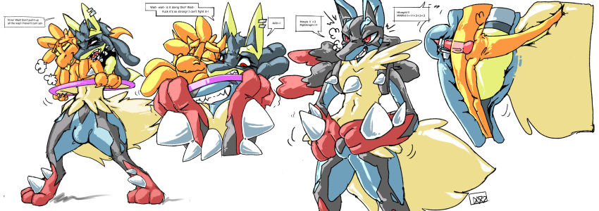 absurd_res anal anal_penetration anthro bound bulge clothing d682 dialogue dragon dual_suiting duo encasement generation_4_pokemon hi_res lucario male male/male mega_evolution mega_lucario nintendo orange_body orange_skin penetration pokemon pokemon_(species) red_eyes ring_suiting rubber rubber_clothing rubber_suit sequence sex shiny_pokemon simple_background white_background