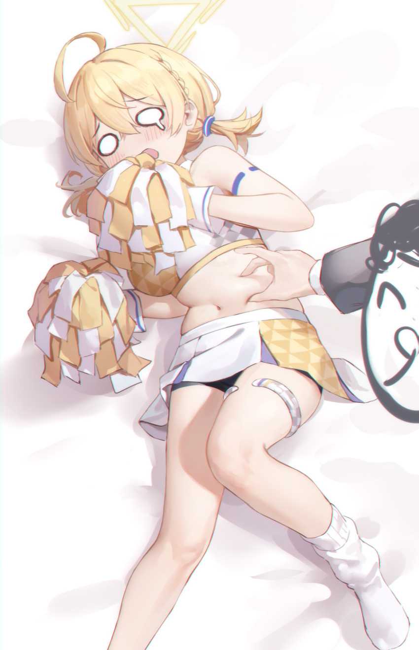 1boy 1girl absurdres ahoge arona's_sensei_doodle_(blue_archive) blonde_hair blue_archive braid commentary_request halo highres holding holding_pom_poms kotori_(blue_archive) kotori_(cheer_squad)_(blue_archive) lying midriff millennium_cheerleader_outfit_(blue_archive) navel o_o official_alternate_costume on_side plump pom_pom_(cheerleading) sensei_(blue_archive) short_hair short_twintails single_braid skirt socks soeyumi tears triangle_halo twintails two-tone_skirt white_skirt white_socks yellow_halo