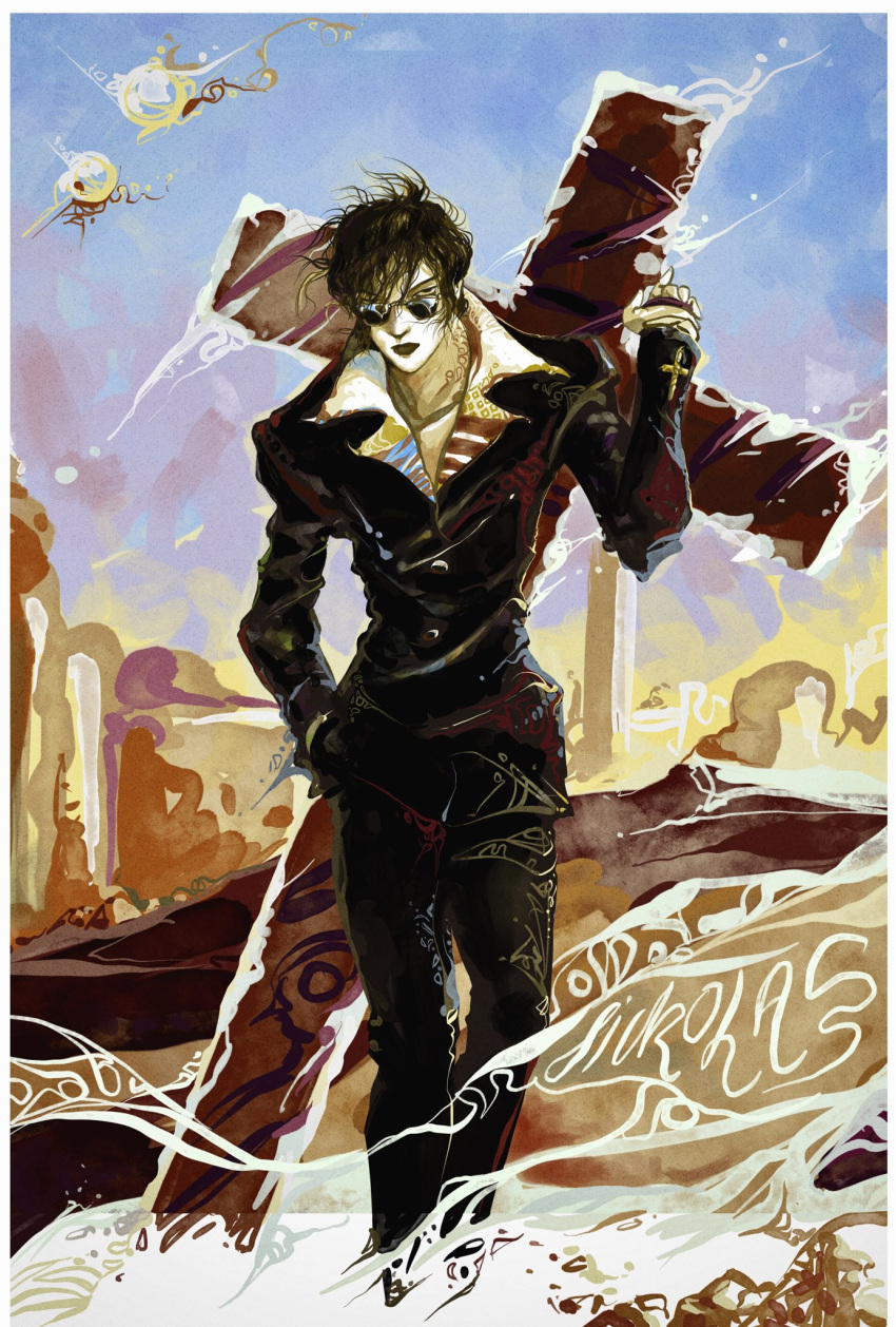 1boy amano_yoshitaka_(style) ark_nemesis arm_up black_hair black_jacket black_lips black_pants character_name cross desert feet_out_of_frame hair_over_one_eye hand_in_pocket highres holding holding_cross jacket looking_over_eyewear nicholas_d._wolfwood outdoors oversized_object pants short_hair sunglasses trigun walking