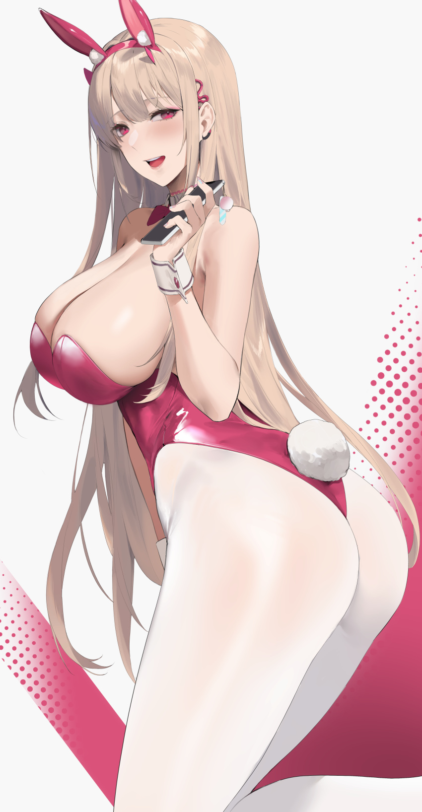 1girl absurdres alios_arvin animal_ears ass bare_shoulders blonde_hair blush bow bowtie breasts cellphone cleavage detached_collar fake_animal_ears fake_tail goddess_of_victory:_nikke high_heels highres horns large_breasts leotard long_hair looking_at_viewer open_mouth pantyhose phone pink_eyes pink_horns pink_leotard playboy_bunny rabbit_ears rabbit_tail smile solo tail thighs viper_(nikke) viper_(toxic_rabbit)_(nikke) white_pantyhose wrist_cuffs