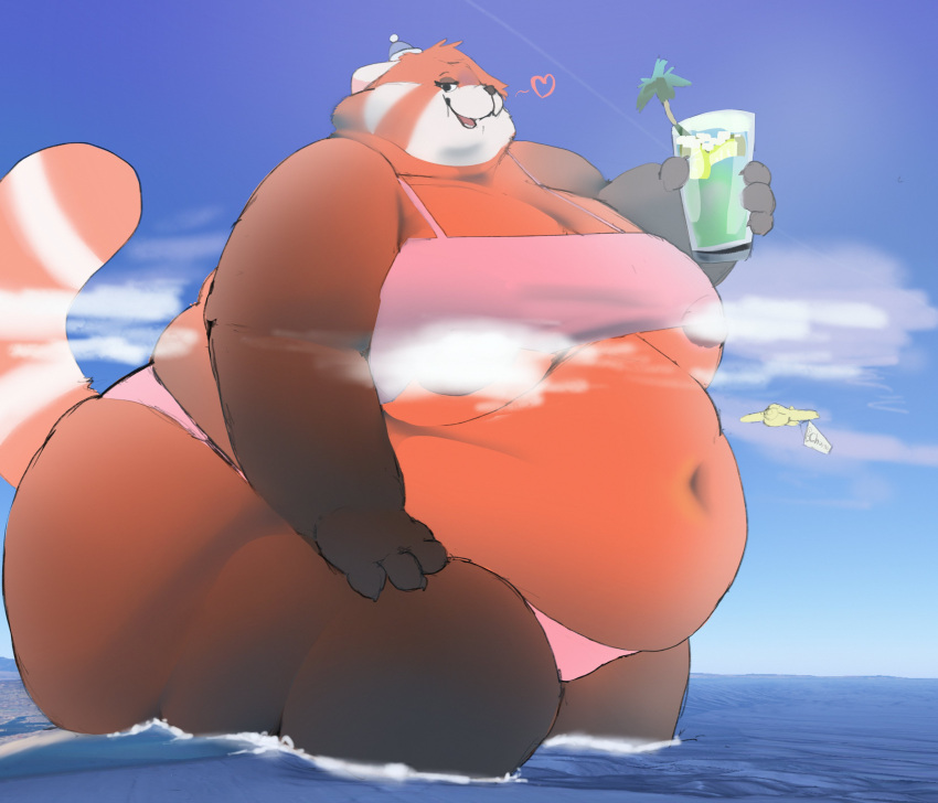 &lt;3 2022 absurd_res ailurid aircraft airplane anthro belly beverage big_belly bikini black_nose brashotter breasts butt chubby_cheeks chunkyfunkys clothing cloud female half-closed_eyes hi_res holding_beverage holding_object macro mammal narrowed_eyes navel obese obese_anthro obese_female open_mouth outside overweight overweight_anthro overweight_female pink_bikini pink_clothing pink_swimwear red_panda sea smile solo swimwear thick_thighs water