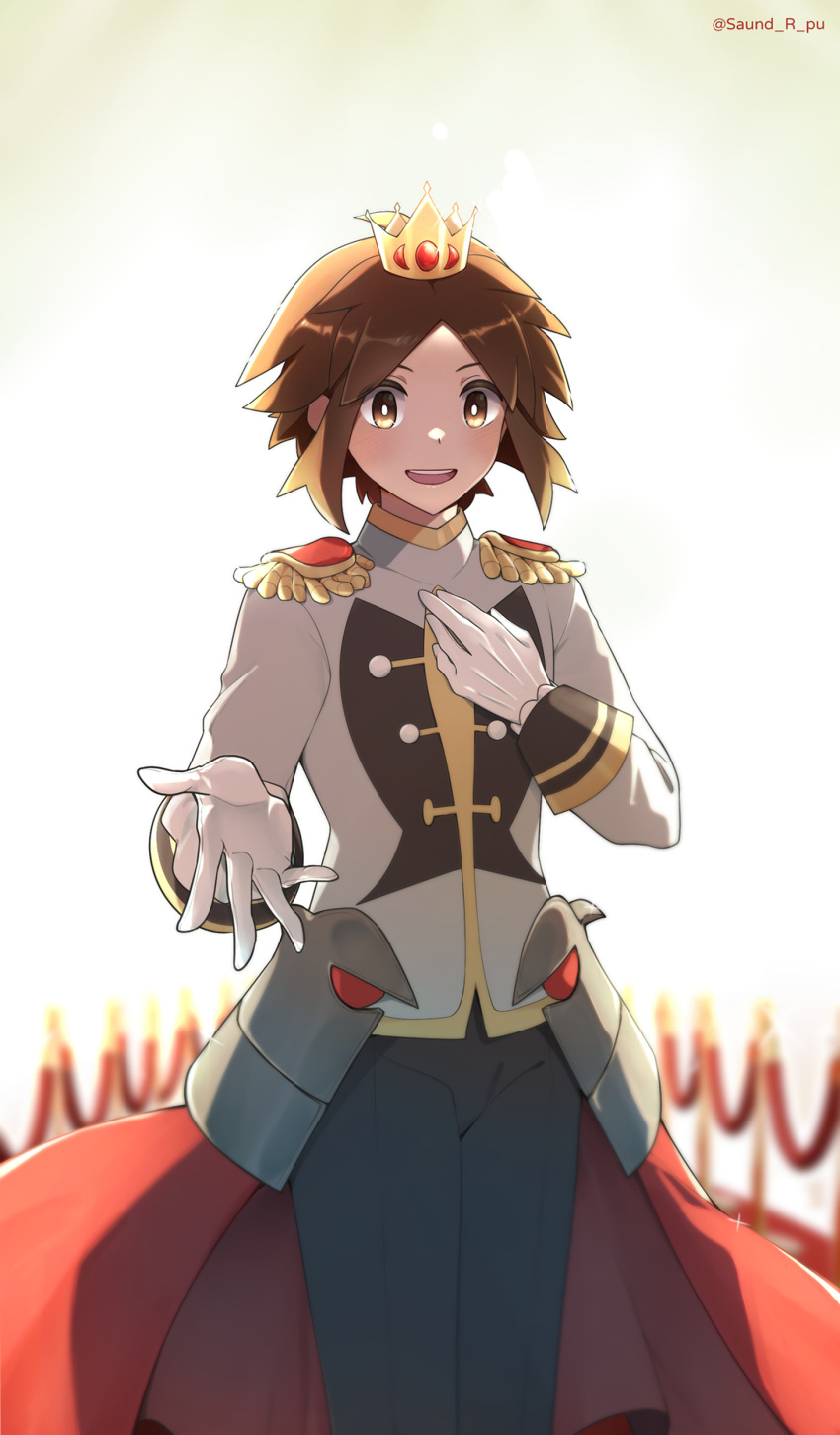 1boy absurdres brown_hair crown epaulettes gloves hand_on_own_chest highres looking_at_viewer nate_(champion)_(pokemon) nate_(pokemon) official_alternate_costume open_mouth pokemon pokemon_masters_ex solo sparkle twitter_username white_gloves yu062424