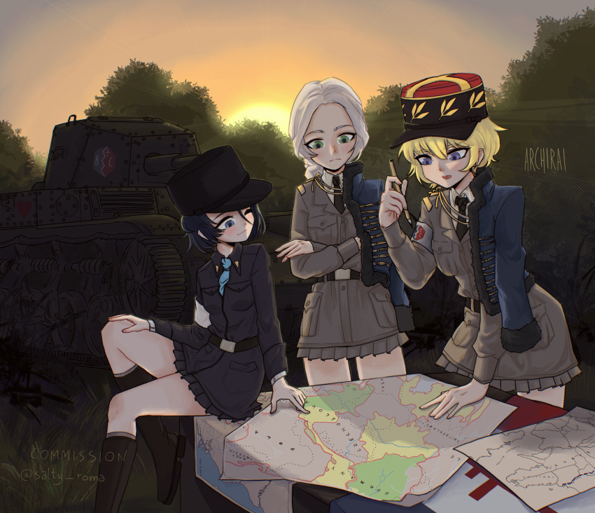 3girls absurdres amr-35 archirai armband asparagus_(girls_und_panzer) bc_freedom_(emblem) bc_freedom_military_uniform black_footwear black_hair black_jacket black_necktie blonde_hair blue_eyes blue_necktie boots bordeaux bordeaux_(girls_und_panzer) emblem free_french_flag french_army french_flag girls_und_panzer girls_und_panzer_ribbon_no_musha green_eyes hat highres jacket kepi leather leather_boots map military military_hat military_jacket military_uniform military_vehicle motor_vehicle moules_(girls_und_panzer) multiple_girls necktie pelisse pleated_skirt riding_boots sitting sitting_on_table skirt sunset tank uniform