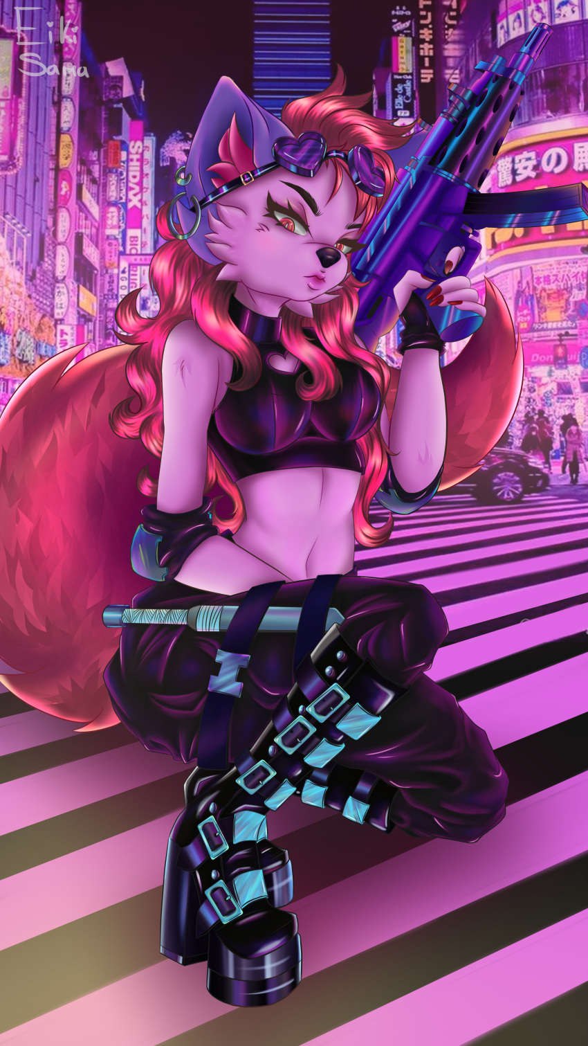 absurd_res anthro canid canine canis eikisama female female/female hi_res human human_on_anthro interspecies mammal solo weapon wolf