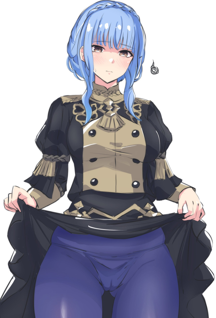 1girl absurdres ass_visible_through_thighs blue_hair blush braid breasts brown_eyes cameltoe closed_mouth clothes_lift crown_braid embarrassed fire_emblem fire_emblem:_three_houses garreg_mach_monastery_uniform highres large_breasts latte lifted_by_self long_hair long_sleeves marianne_von_edmund pantyhose puffy_sleeves simple_background skirt skirt_lift solo sweatdrop thighs uniform