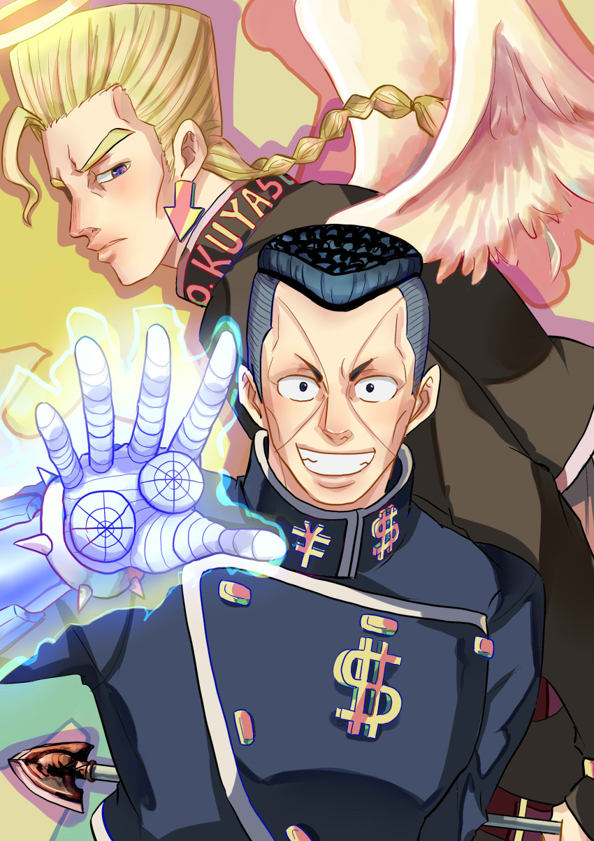 2boys absurdres arrow_(jojo) arrow_earrings aura black_hair blonde_hair braid brothers cheekbones diamond_wa_kudakenai dollar_sign flattop fusion gakuran highres jojo_no_kimyou_na_bouken killerohan male_focus multiple_boys nijimura_keicho nijimura_okuyasu pompadour school_uniform siblings stand_(jojo) the_hand_(stand) undercut wings yen_sign