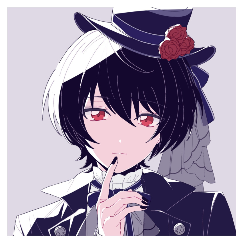 1boy black_hair black_nails border closed_mouth collared_shirt commentary_request ensemble_stars! fingernails flower flower_hat hat highres llli_illli_illl looking_at_viewer nail_polish neck_ribbon portrait red_eyes red_flower red_rose ribbon rose sakuma_ritsu shirt short_hair solo white_border