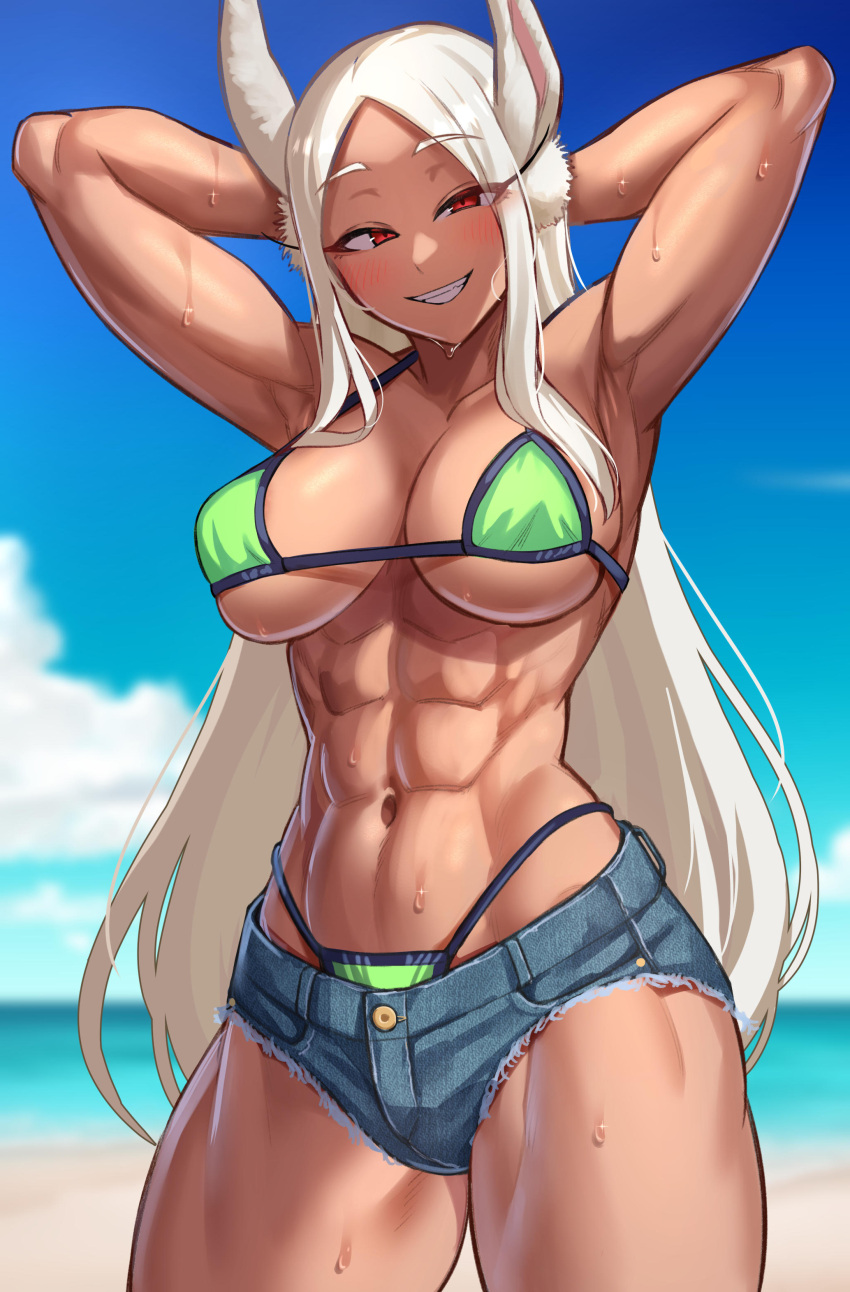 1girl abs absurdres animal_ears armpits arms_behind_head bikini blue_sky blush boku_no_hero_academia breasts cleavage cloud dark-skinned_female dark_skin day denim denim_shorts eyelashes green_bikini grin highres long_hair looking_at_viewer mirko muscular muscular_female navel outdoors rabbit_ears red_eyes shorts sky smile solo sweat swimsuit toin_(iitoin) white_hair