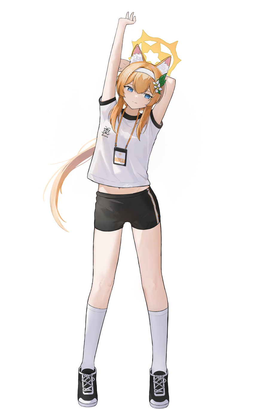 1girl absurdres animal_ears black_shorts blue_archive blue_eyes fox_ears gym_uniform highres mari_(blue_archive) mari_(track)_(blue_archive) name_tag official_alternate_costume official_alternate_hairstyle orange_hair ponytail shirt shorts socks solo thighs white_shirt white_socks zhoulao