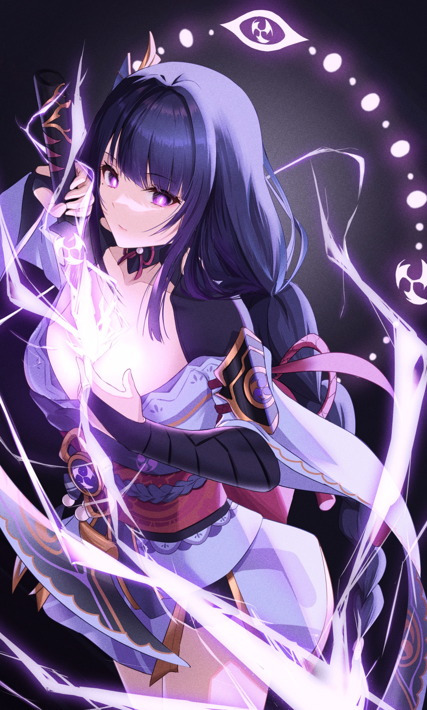 1girl absurdres arm_up armor bakemonsou black_background black_thighhighs braid braided_ponytail breasts bridal_gauntlets cleavage electricity feet_out_of_frame floating_hair genshin_impact glowing gradient_background highres holding holding_sword holding_weapon human_scabbard japanese_clothes kimono large_breasts long_hair looking_at_viewer mitsudomoe_(shape) musou_isshin_(genshin_impact) obi obiage obijime parted_lips profile purple_hair purple_kimono raiden_shogun red_sash sash short_hair short_kimono shoulder_armor shrug_(clothing) sideways_glance single_braid sword tassel thighhighs thighs tomoe_(symbol) very_short_hair vision_(genshin_impact) weapon wide_sleeves