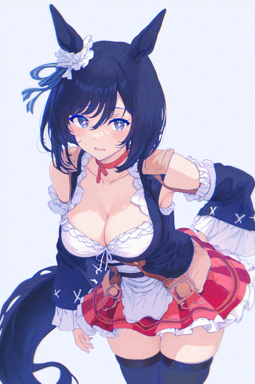 1girl animal_ears apron black_hair black_sleeves black_thighhighs blouse blue_eyes blush bob_cut bodice breasts choker cleavage detached_sleeves dirndl ear_scrunchie eishin_flash_(umamusume) frilled_apron frilled_sleeves frills german_clothes grey_background hair_between_eyes highres horse_ears horse_girl horse_tail large_breasts looking_at_viewer mei_ehimemikoto miniskirt open_mouth red_choker red_skirt scrunchie shirt short_hair simple_background skirt solo striped striped_skirt swept_bangs tail thighhighs umamusume vertical-striped_skirt vertical_stripes white_apron white_scrunchie white_shirt