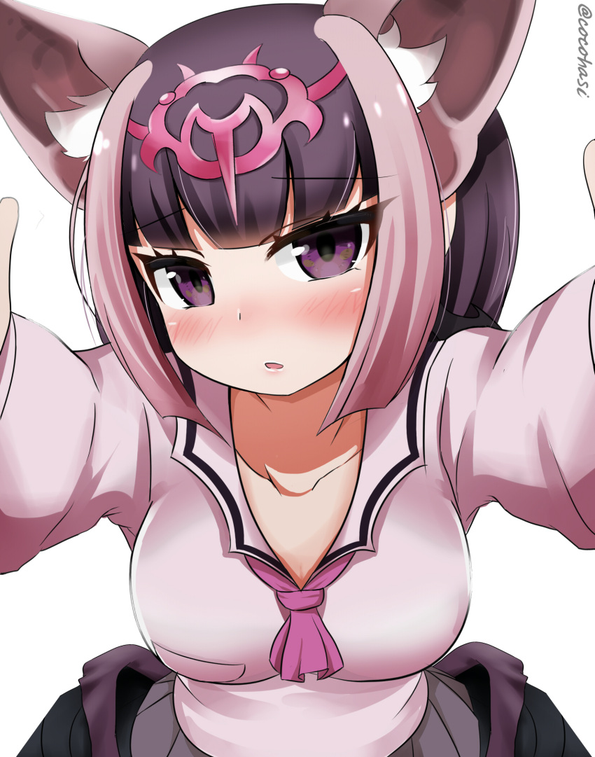 1girl animal_ear_fluff animal_ears bat_ears bat_girl bat_wings blush breasts commentary_request common_vampire_bat_(kemono_friends) grey_hair headpiece highres kemono_friends large_breasts looking_at_viewer low_wings multicolored_hair outstretched_arms parted_lips purple_eyes reaching_towards_viewer school_uniform shimosazami simple_background solo twitter_username two-tone_hair upper_body white_background wings