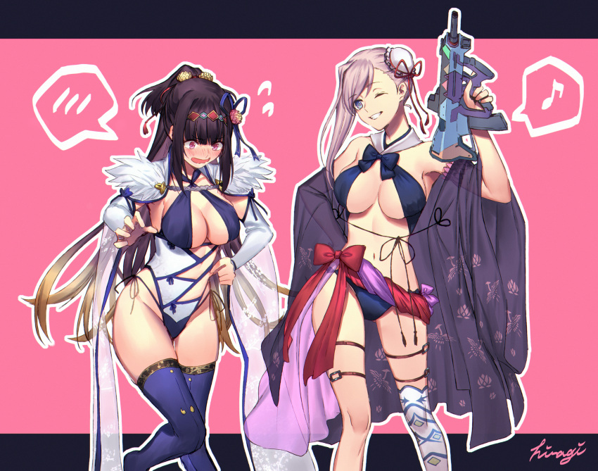 2girls artist_name blue_eyes blue_thighhighs blush breasts brown_hair bullpup cleavage commentary_request cosplay costume_switch cursive eighth_note elbow_gloves fate/grand_order fate_(series) gloves grin gun hair_bun hair_intakes highres holding holding_gun holding_weapon japanese_clothes kibou kimono large_breasts miyamoto_musashi_(fate) miyamoto_musashi_(swimsuit_berserker)_(fate) miyamoto_musashi_(swimsuit_berserker)_(third_ascension)_(fate) miyamoto_musashi_(swimsuit_berserker)_(third_ascension)_(fate)_(cosplay) multiple_girls musical_note one_eye_closed open_mouth osakabe-hime_(fate) osakabe-hime_(swimsuit_archer)_(fate) osakabe-hime_(swimsuit_archer)_(fate)_(cosplay) osakabe-hime_(swimsuit_archer)_(third_ascension)_(fate) pink_background pink_hair red_eyes signature single_hair_bun single_thighhigh smile spoken_blush spoken_musical_note sweatdrop swimsuit thighhighs wavy_mouth weapon white_thighhighs