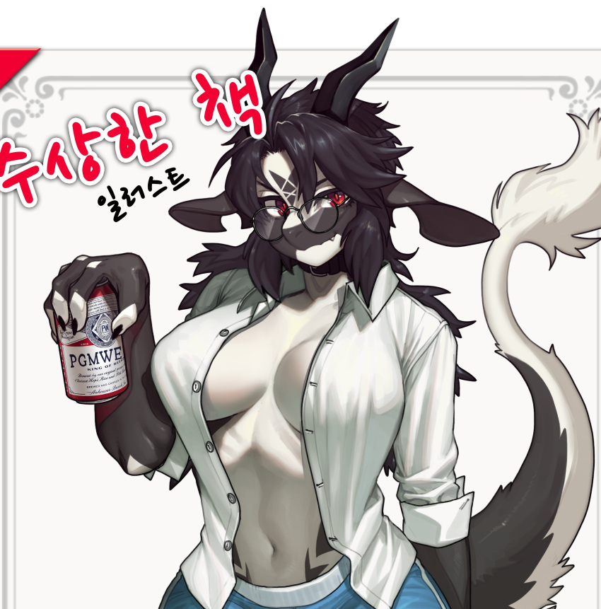 absurd_res anthro beverage black_body black_hair chabett clothed clothing dragon eyewear female glasses hair hi_res holding_beverage holding_object horn looking_at_viewer open_clothing open_shirt open_topwear pgm300 red_eyes shirt solo tail topwear wingless_dragon