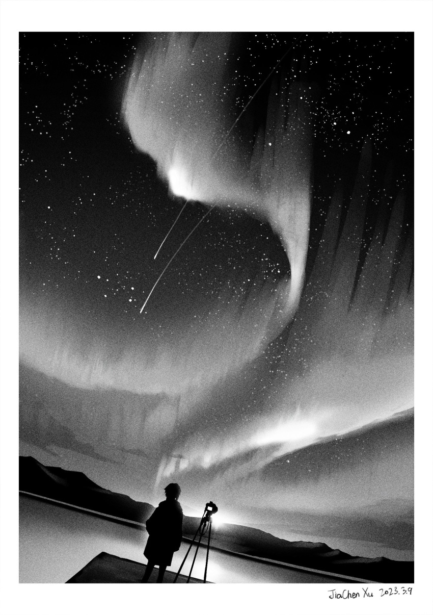 1other absurdres artist_name aurora border camera comet commentary dated dutch_angle galaxy greyscale highres jiachen_xu monochrome mountainous_horizon night night_sky original outdoors scenery short_hair silhouette sky sky_focus standing star_(sky) starry_sky tripod white_border wide_shot