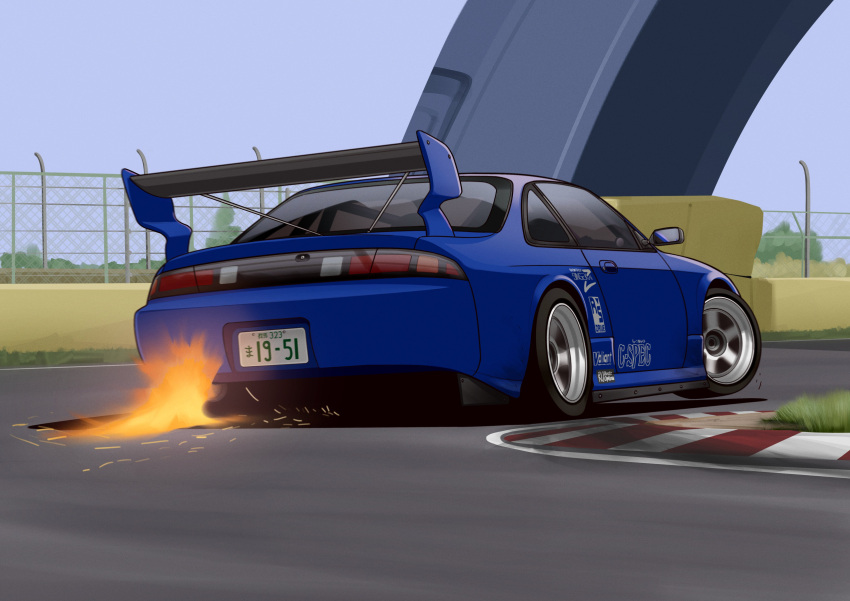 absurdres arhentol borrowed_design car driving fence fire from_behind highres license_plate motor_vehicle nissan nissan_s14_silvia nissan_silvia no_humans original racetrack spoiler_(automobile) sports_car vehicle_focus