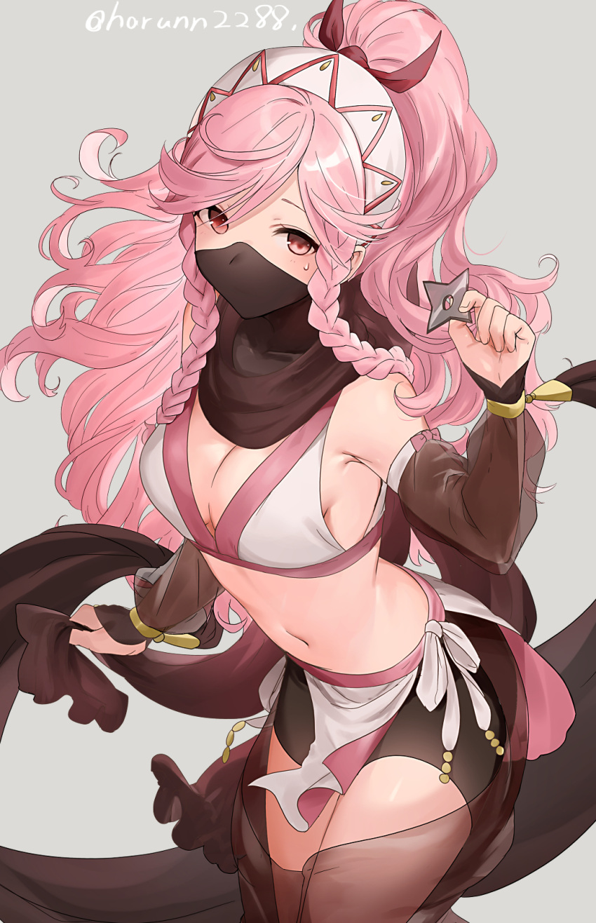 1girl bare_shoulders black_mask blush braid breasts covered_mouth fire_emblem fire_emblem_awakening fire_emblem_fates gloves hairband haru_(nakajou-28) highres jewelry long_hair looking_at_viewer mask medium_breasts mouth_mask navel ninja ninja_mask olivia_(fire_emblem) pink_eyes pink_hair ponytail shuriken side_braid simple_background solo sweatdrop twin_braids weapon