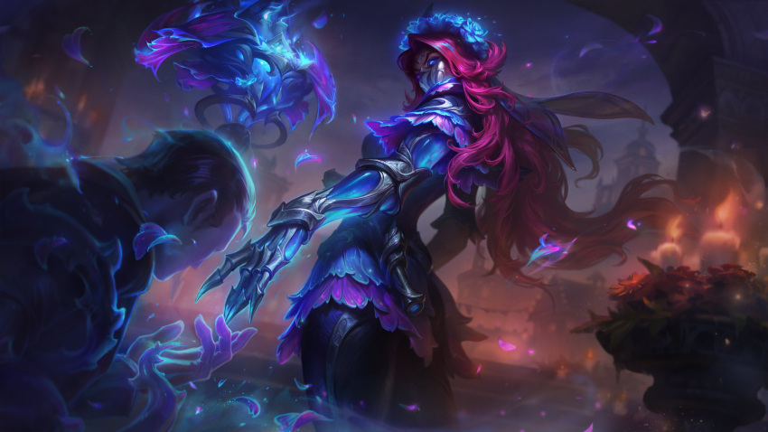 1boy 1girl absurdres armor black_pants blue_eyes blue_flower feather-trimmed_sleeves flower hair_flower hair_ornament highres league_of_legends long_hair mask mouth_mask night official_alternate_costume official_alternate_hair_color official_art outdoors pants petals red_hair renata_glasc short_hair solo_focus standing thorns