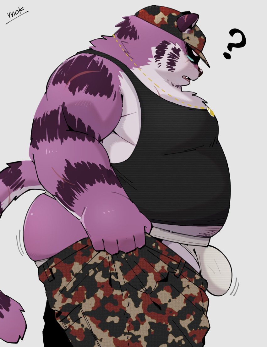 2023 anthro belly big_belly big_body big_butt bottomwear bulge butt clothing felid hat headgear headwear hi_res jockstrap kemono male mammal meme overweight overweight_male pantherine pants pink_body question_mark shirt solo tiger tight_pants_(meme) topwear underwear uokkom