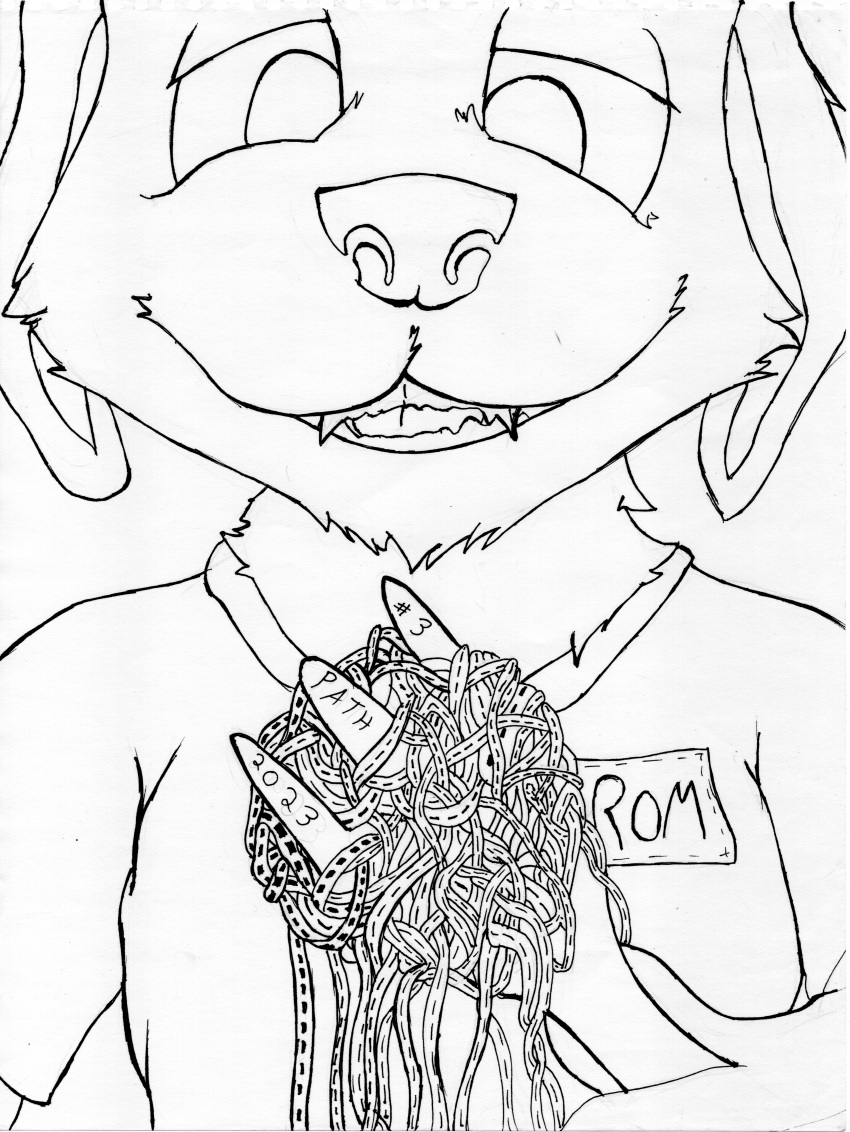 2023 absurd_res anthro bust_portrait canid canine canis clothed clothing cutlery domestic_dog english_text floppy_ears food fork front_view grin hi_res holding_fork holding_object holding_tool holding_utensil inktober inktober_2023 kitchen_utensils line_art looking_down m3g4 male mammal name_tag number open_mouth pasta portrait road rom_(m3g4) shirt smile solo spaghetti text tongue tools topwear traditional_media_(artwork) year