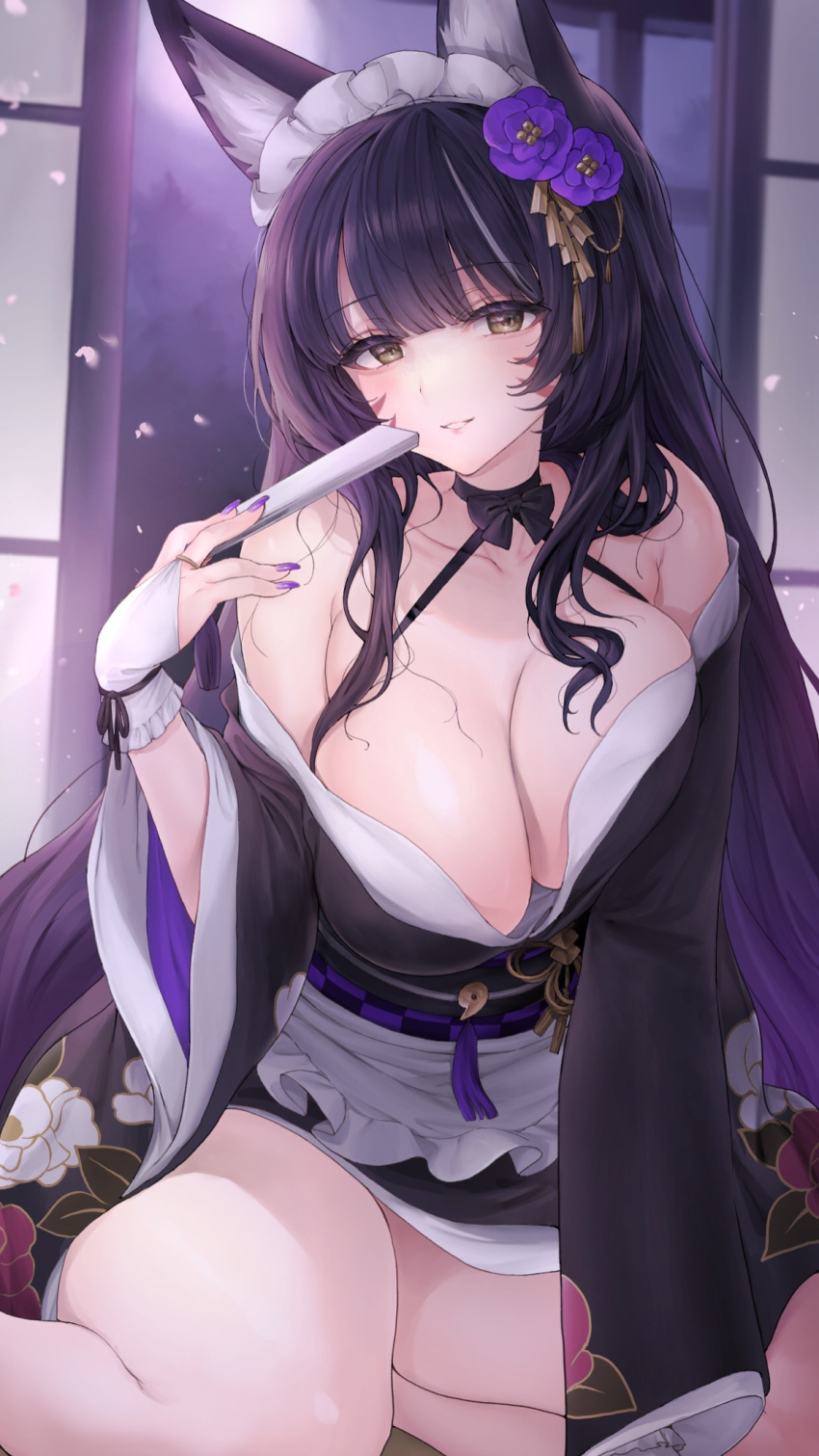 1girl animal_ears apron azur_lane bare_shoulders black_kimono breasts cleavage facial_mark fingerless_gloves flower folding_fan fox_ears fox_girl frilled_apron frilled_hairband frills gloves hair_ornament hairband hand_fan highres holding holding_fan japanese_clothes kimono kitsune large_breasts long_hair long_sleeves looking_at_viewer low_neckline maid maid_headdress musashi_(azur_lane) musashi_(violet_moonglow)_(azur_lane) official_alternate_costume purple_flower purple_hair purple_nails single_fingerless_glove solo very_long_hair wa_maid whisker_markings white_gloves wide_sleeves ygcn