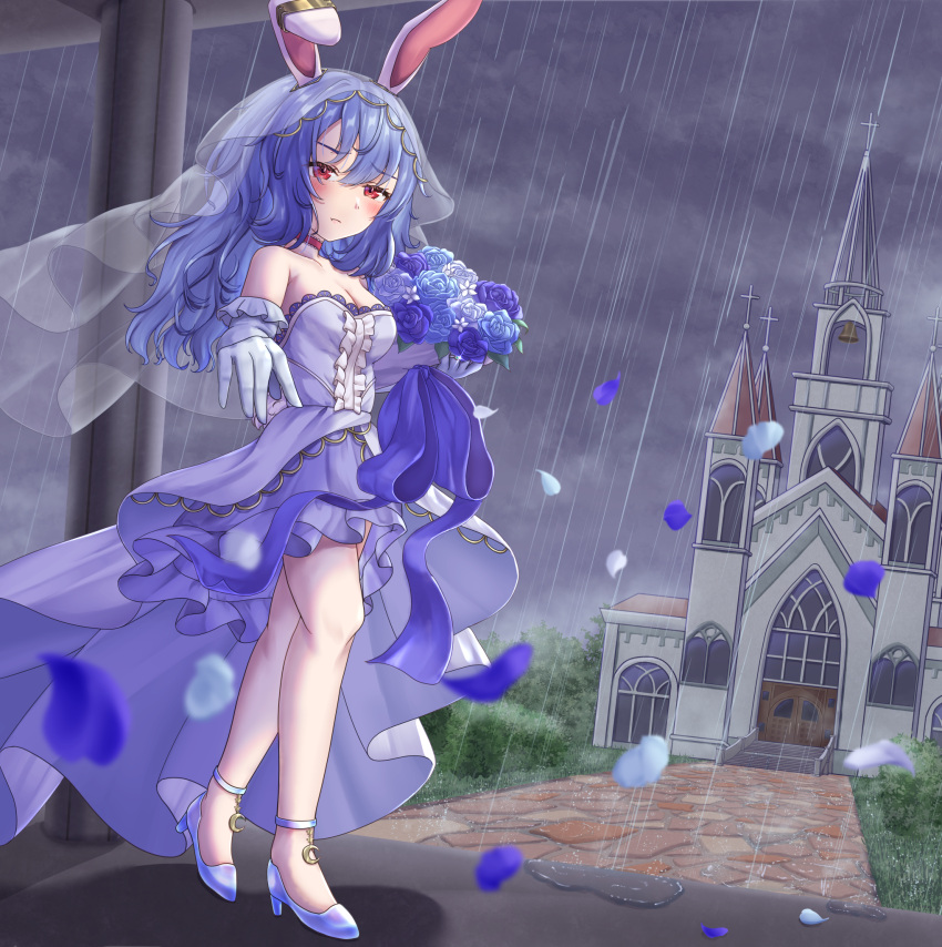 1girl animal_ears bare_shoulders blue_flower blue_footwear blue_gloves blue_hair blue_skirt blush bouquet breasts bridal_gauntlets bridal_veil bride church cleavage closed_mouth cloud cloudy_sky commentary_request commission dress flower full_body gloves grey_sky high_heels highres holding holding_bouquet long_hair looking_at_viewer medium_breasts mizunisabano outdoors petals rabbit_ears rabbit_girl rain red_eyes seiran_(touhou) skirt sky solo touhou variant_set veil wedding_dress