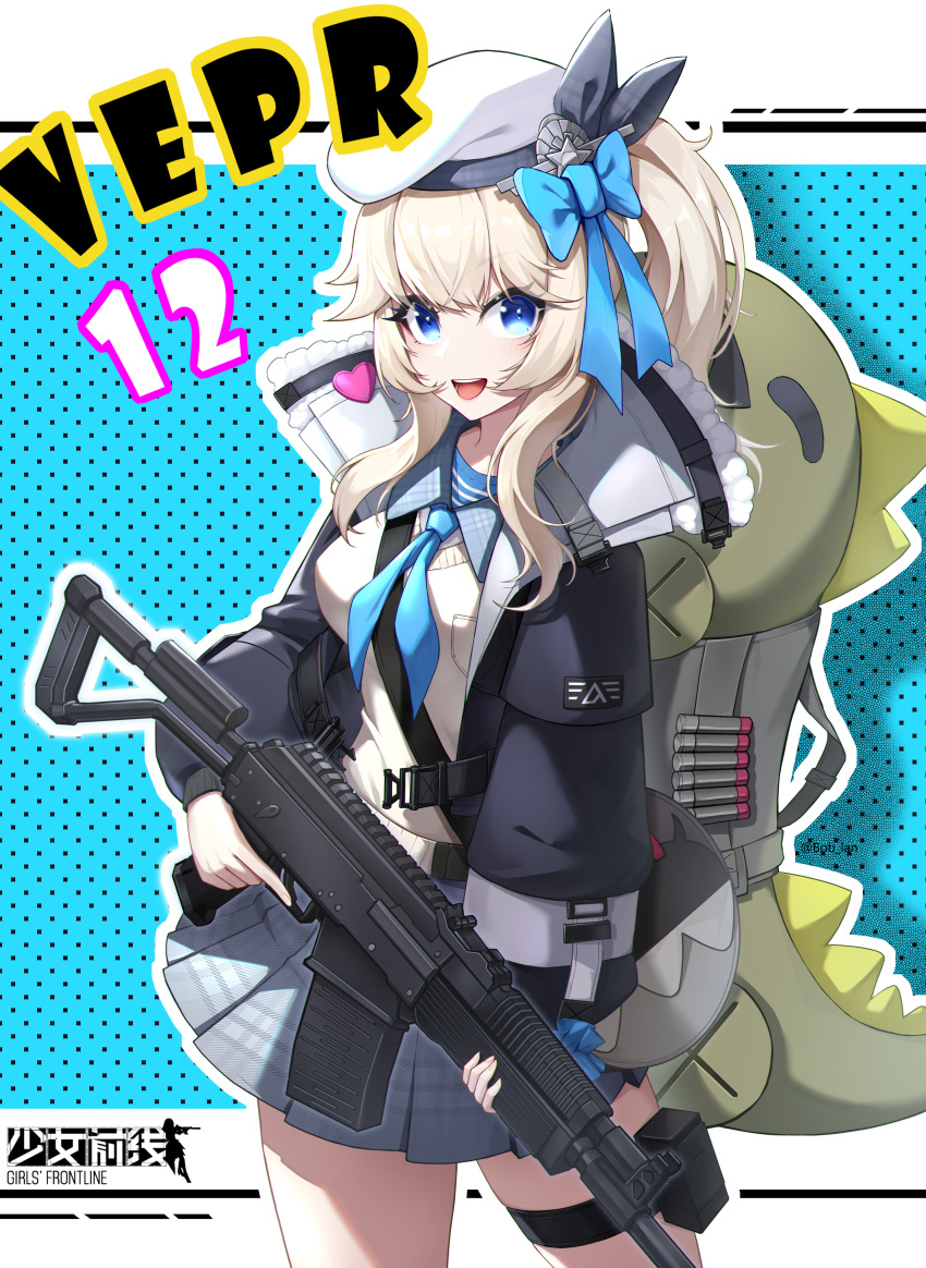 1girl absurdres beret black_jacket blonde_hair blue_bow blue_eyes bow breasts character_name copyright_name cowboy_shot girls'_frontline grey_skirt gun hair_bow hat highres holding holding_gun holding_weapon jacket long_hair long_sleeves looking_at_viewer medium_breasts miniskirt nauc4338 open_clothes open_jacket open_mouth plaid plaid_skirt pleated_skirt shotgun side_ponytail skirt smile solo standing thigh_strap vepley_(girls'_frontline_2) vepr-12 weapon white_headwear