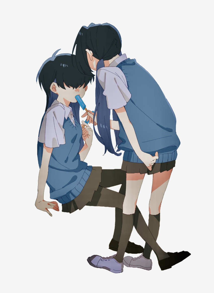 2girls arm_support between_legs black_footwear black_hair blue_hair blue_sweater_vest breasts brown_pantyhose brown_skirt brown_socks collared_shirt colored_inner_hair commentary covered_eyes eating facing_another food full_body gr_7 hair_over_eyes hair_over_shoulder hand_up highres holding holding_food invisible_chair kneehighs leaning_forward loafers long_hair low_twintails miniskirt multicolored_hair multiple_girls original pantyhose pleated_skirt popsicle sharing_food shirt shoes short_sleeves simple_background sitting skirt small_breasts socks standing sweater_vest symbol-only_commentary twintails two-tone_hair white_background white_footwear