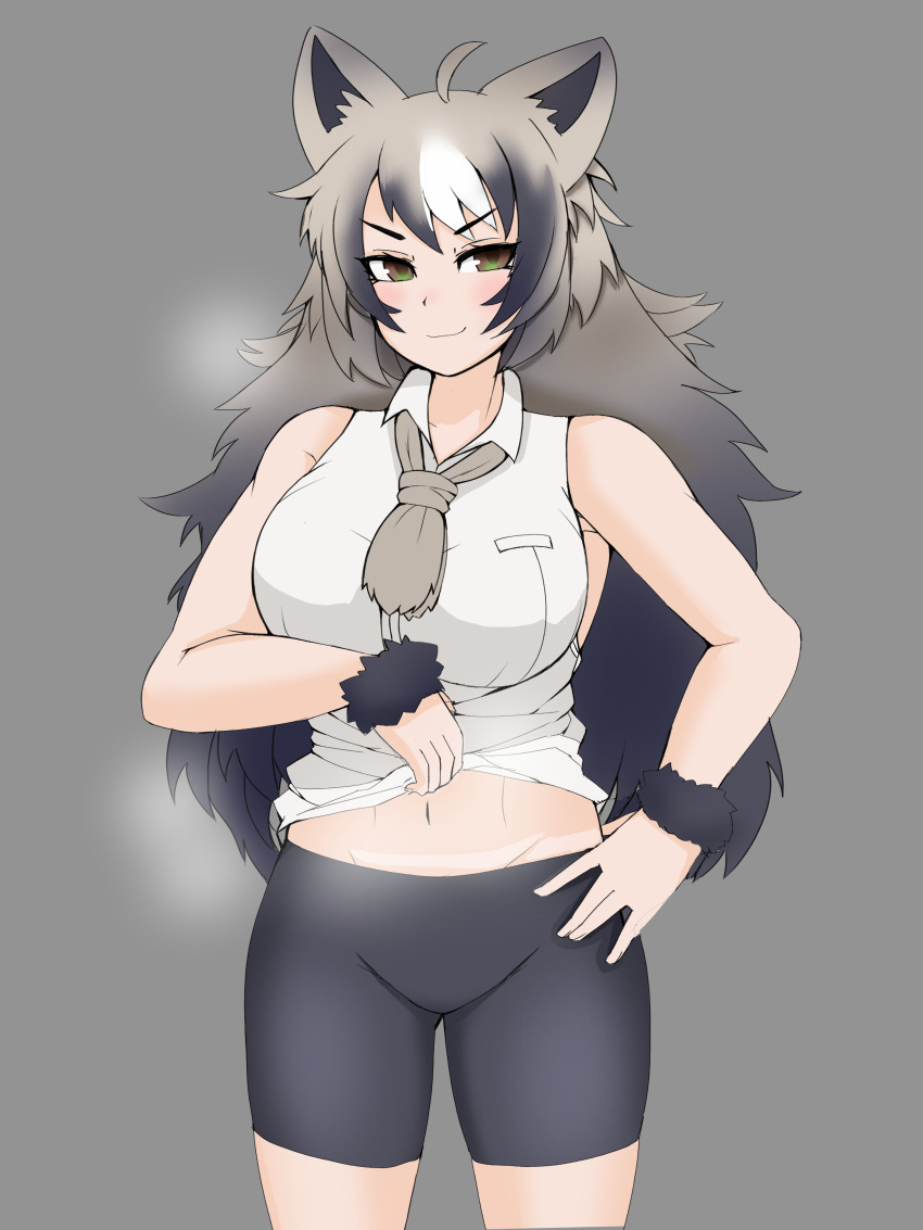 &gt;:) 1girl absurdres ahoge alternate_hairstyle animal_ears bare_arms bare_shoulders bear_ears bike_shorts black_hair black_shorts breasts brown_eyes closed_mouth clothes_lift collared_shirt cowboy_shot ezo_brown_bear_(kemono_friends) fur_cuffs grey_background grey_hair hair_down hand_on_own_hip highres kemono_friends large_breasts lifted_by_self long_hair midriff_peek multicolored_hair nanoder navel parted_bangs shirt shirt_lift shorts simple_background sleeveless sleeveless_shirt smile smug solo steaming_body stomach taut_clothes taut_shirt v-shaped_eyebrows very_long_hair white_hair white_shirt wing_collar