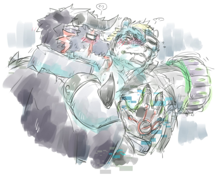 &lt;3 anthro blue_body blue_fur blush caffeinecanine dragon duo felid fur giansar groping_chest hi_res horn lifewonders live_a_hero male male/male mammal muscular muscular_anthro muscular_male pantherine pecs rexer tiger