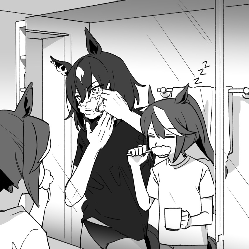 2girls =_= animal_ears brushing_teeth closed_eyes cup greyscale highres holding holding_cup horse_ears horse_girl horse_tail indoors jewangchobab long_hair mirror monochrome multicolored_hair multiple_girls panties ponytail razor reflection shaving shaving_cream shirt short_sleeves sirius_symboli_(umamusume) standing streaked_hair t-shirt tail tokai_teio_(umamusume) towel umamusume underwear zzz