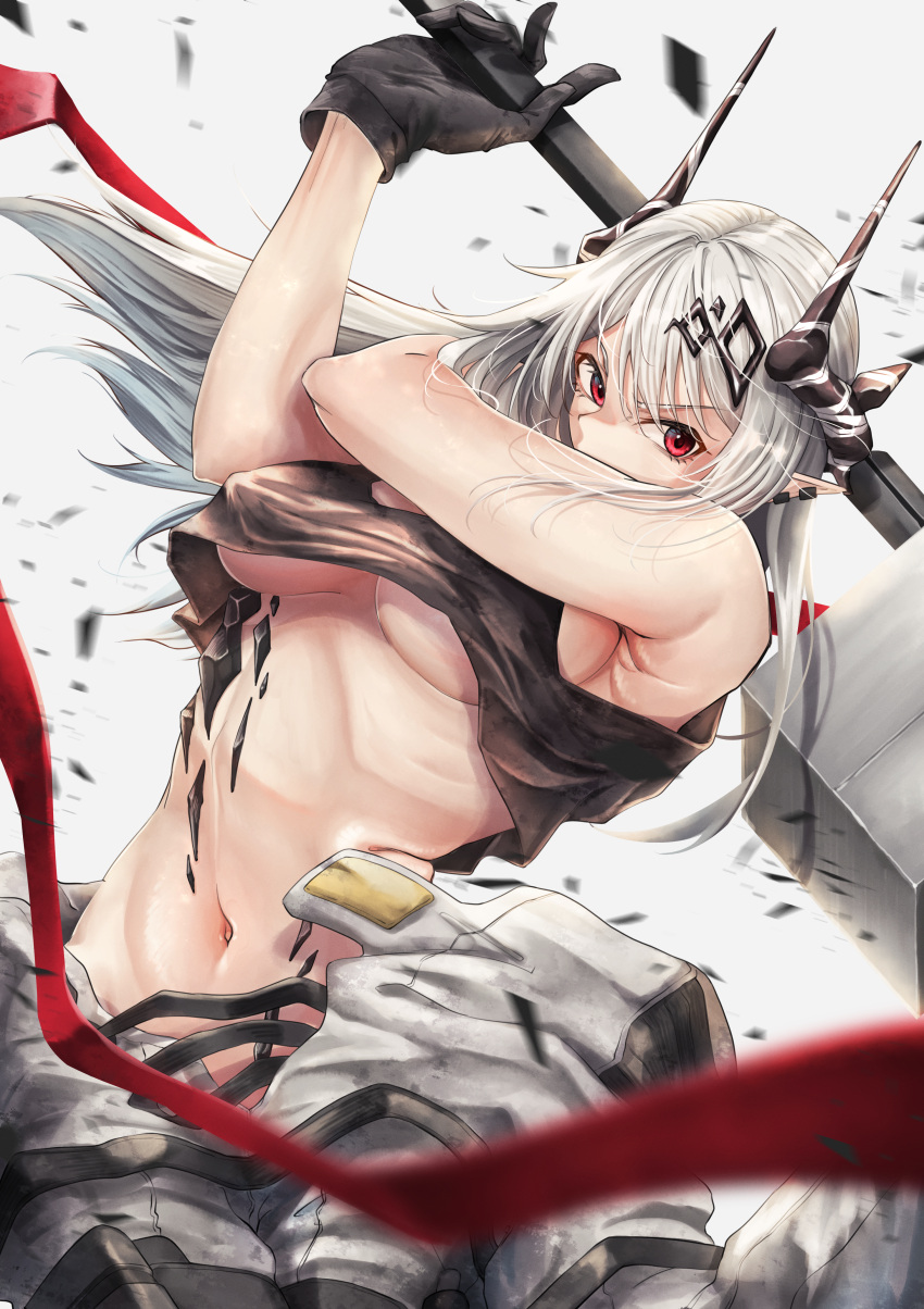 1girl absurdres arknights bare_shoulders black_gloves black_tank_top breasts commentary gloves hammer highres holding holding_hammer holding_weapon horns kuromu large_breasts long_hair looking_at_viewer midriff mudrock_(arknights) navel oripathy_lesion_(arknights) red_eyes solo stomach tank_top underboob very_long_hair weapon white_hair