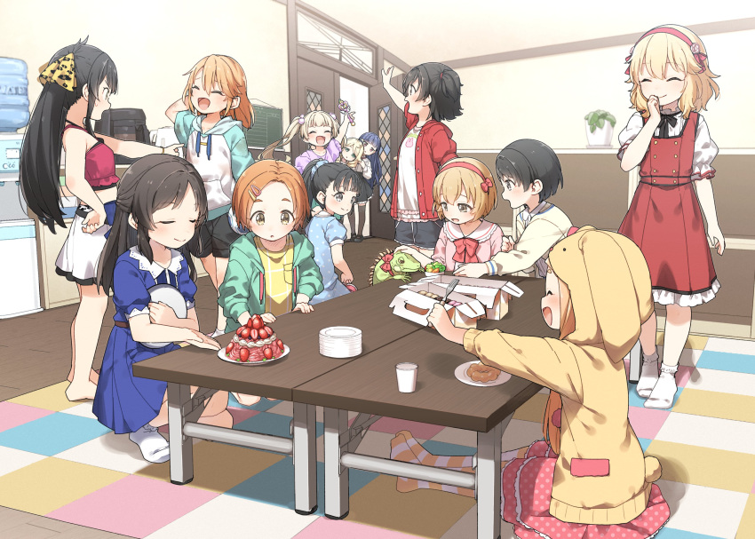 6+girls :d :o ^_^ akagi_miria animal animal_ears animal_hood animal_print arm_behind_head arm_up bare_arms bare_shoulders black_footwear black_hair black_shorts blonde_hair blue_dress blue_hair blue_jacket blush bow brown_eyes brown_hair brown_jacket brown_thighhighs cake camisole closed_eyes closed_mouth collared_shirt commentary_request crop_top doughnut drawstring dress fake_animal_ears food forehead fork fruit fukuyama_mai green_eyes hair_between_eyes hair_ornament hair_ribbon hairband hairclip half_updo hand_on_own_hip highres holding holding_fork holding_wand hood hood_down hood_up hooded_jacket hoodie hyou-kun ichihara_nina idolmaster idolmaster_cinderella_girls iguana jacket koga_koharu leaning_to_the_side leopard_print matoba_risa midriff multiple_girls no_shoes on_floor open_clothes open_door open_jacket orange_hair outstretched_arm paper_plate parted_bangs parted_lips pastry_box pink_jacket pink_skirt plate pleated_dress pointing polka_dot polka_dot_dress polka_dot_skirt print_ribbon profile puffy_short_sleeves puffy_sleeves purple_shirt rabbit_ears rabbit_hood rabbit_tail red_bow red_camisole red_dress red_hairband ribbon ryuzaki_kaoru sajo_yukimi sakurai_momoka sasaki_chie shirt shoes short_sleeves shorts skirt sleeveless sleeveless_dress smile socks standing strawberry striped striped_thighhighs table tachibana_arisu tail thighhighs twintails two_side_up wand white_hoodie white_shirt white_skirt white_socks yellow_ribbon yokoyama_chika yukie_(kusaka_shi) yusa_kozue yuuki_haru