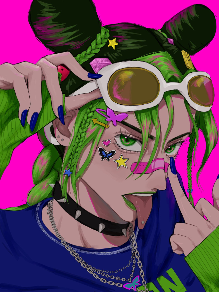 1girl black_hair blue_nails chain collar double_bun eyewear_on_head green_eyes green_hair green_lips hair_bun highres jojo_no_kimyou_na_bouken kujo_jolyne middle_finger multicolored_hair sio64943 solo spiked_collar spikes sticker_on_face stone_ocean sunglasses tongue tongue_out