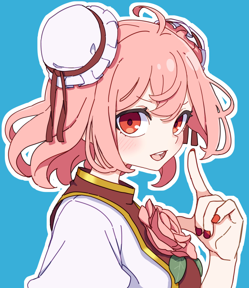 1girl absurdres ahoge blue_background blush bun_cover fingernails flower highres ibaraki_kasen kame_(kamepan44231) nail_polish one-hour_drawing_challenge open_mouth pink_flower pink_hair red_eyes red_nails shirt short_hair short_sleeves simple_background smile solo tabard touhou upper_body white_shirt