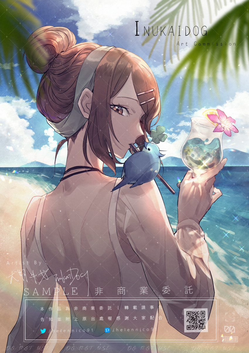 1girl absurdres argyle argyle_background artist_name backless_swimsuit beach bird blue_sky bluebird brown_eyes brown_hair cloud cloudy_sky clover commission day detached_sleeves dogdogwanwan drink drinking_straw drinking_straw_in_mouth flower food four-leaf_clover from_behind fruit glass hair_bun hair_ornament hairclip highres holding holding_drink jewelry lemon lemon_slice looking_at_viewer looking_back mountainous_horizon necklace ocean one-piece_swimsuit original outdoors pink_flower pixiv_logo shore short_hair sidelocks sky solo swept_bangs swimsuit tree twitter_logo upper_body watermark white_one-piece_swimsuit white_sleeves