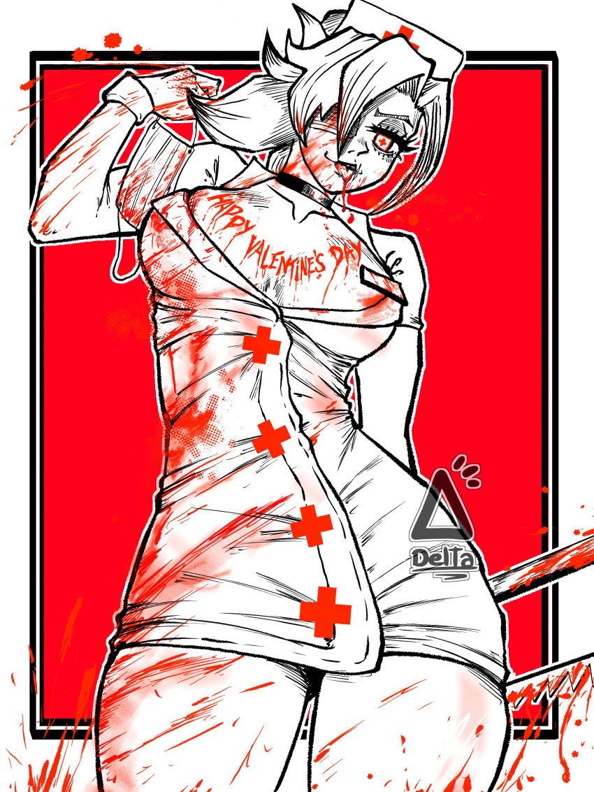 absurdres artist_name blood blood_on_arm blood_on_clothes body_writing breasts choker collar commentary commission contrapposto cowboy_shot cross-shaped_pupils delta_art dress eyepatch eyeshadow from_below happy_valentine hat highres large_breasts limited_palette makeup mask mouth_mask nurse_cap red_background short_dress skullgirls surgical_mask symbol-shaped_pupils tongue tongue_out unworn_mask valentine_(skullgirls) watermark