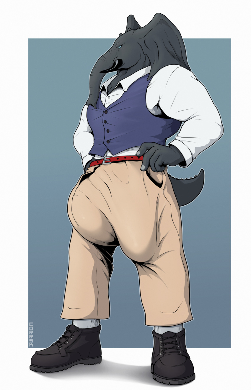 anthro big_bulge bulge clothed clothing corrsk digital_media_(artwork) elephant elephantid hi_res huge_bulge hyper hyper_bulge jakiel_blacktusk male mammal proboscidean solo