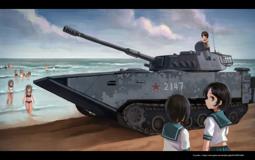 absurdres amphibious_ground_vehicle beach camouflage cloud digital_camouflage green_sailor_collar highres letterboxed looking_at_viewer military military_vehicle multiple_girls original people's_liberation_army red_star sailor_collar sand school_uniform serafuku smoke_grenade_launcher swimsuit treads watermark youotaku ztd_05