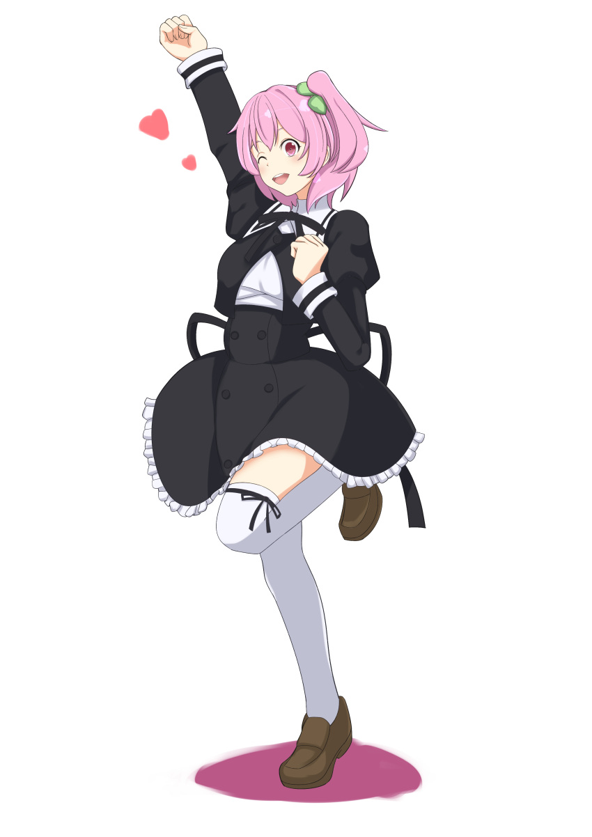1girl absurdres arm_up assault_lily black_ribbon black_skirt blush breasts brown_footwear buttons clover commentary_request cropped_jacket four-leaf_clover frilled_skirt frills full_body hand_up heart high-waist_skirt highres hitotsuyanagi_riri juliet_sleeves leg_ribbon leg_up loafers long_sleeves looking_at_viewer medium_breasts miniskirt neck_ribbon one_eye_closed one_side_up open_mouth outstretched_arm pink_eyes pink_hair puffy_sleeves ribbon school_uniform senri_(senri03151221) shirt shoes short_hair simple_background skirt smile solo standing standing_on_one_leg thigh_ribbon thighhighs white_background white_shirt white_thighhighs yurigaoka_girls_academy_school_uniform