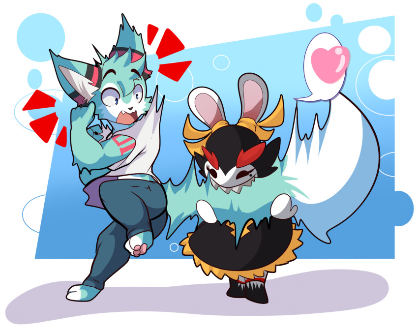 &lt;3 2023 anthro bite black_hair blue_body blue_eyes blue_fur bottomwear canid canine chibi clothing denim denim_clothing digital_media_(artwork) duo eyebrows eyes_closed female footwear fox fur hair hi_res jeans kanya_(mario_plus_rabbids) lagomorph lolzneo male mammal on_one_leg open_mouth pants pawpads rabbid raving_rabbids rayman_(series) ribbons roflfox sharp_teeth shirt shoes speech_bubble standing surprise tail tail_bite tail_in_mouth teeth tongue topwear ubisoft white_eyes